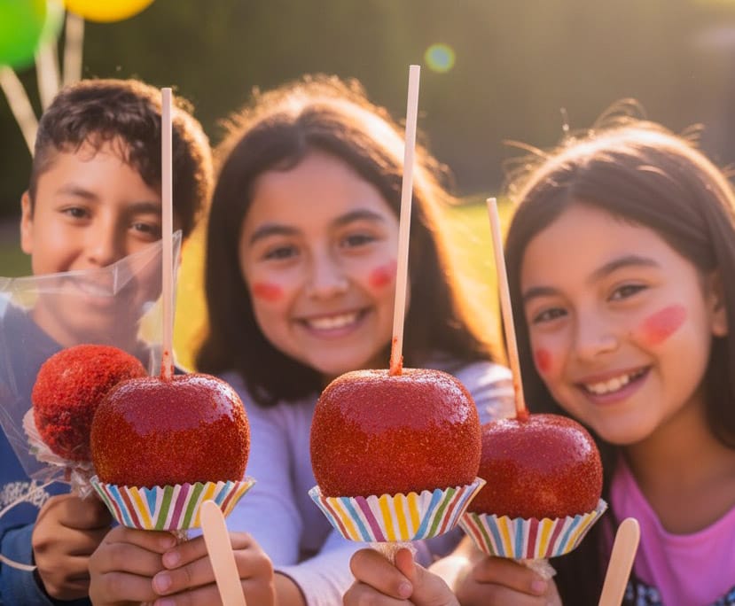 Niños disfrutando manzanas de chamoy Mini Boom en piñata