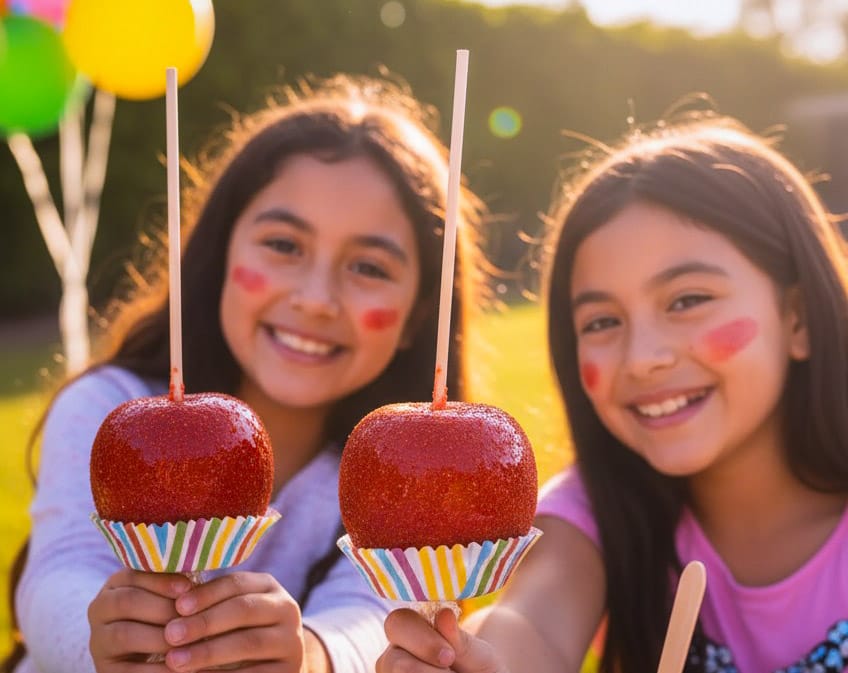 Manzanas de chamoy en mesa de postres para boda